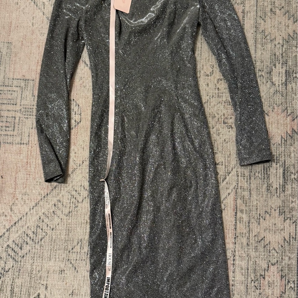 House of CB London Paolina Silver Sparkle Dress Bodycon Long Sleeve Size S